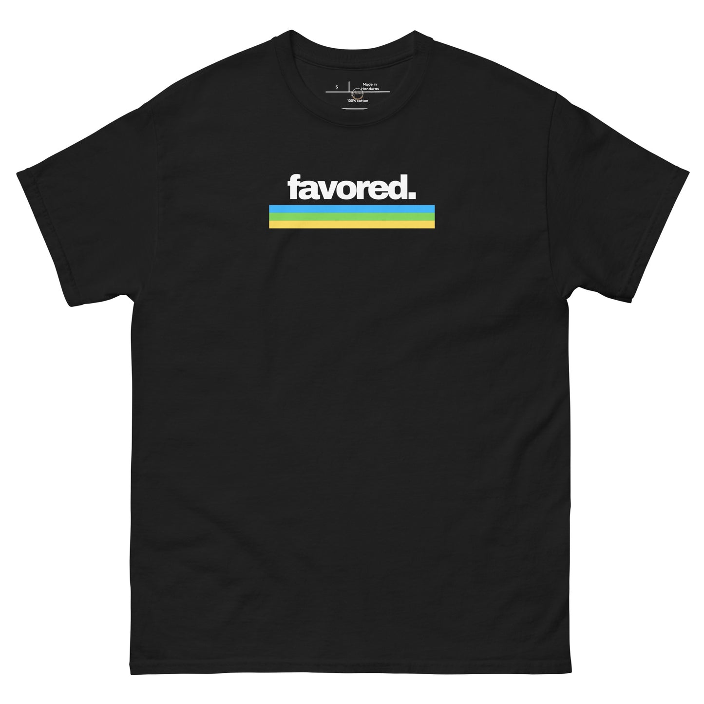 Black unisex t-shirt with “Favored” design