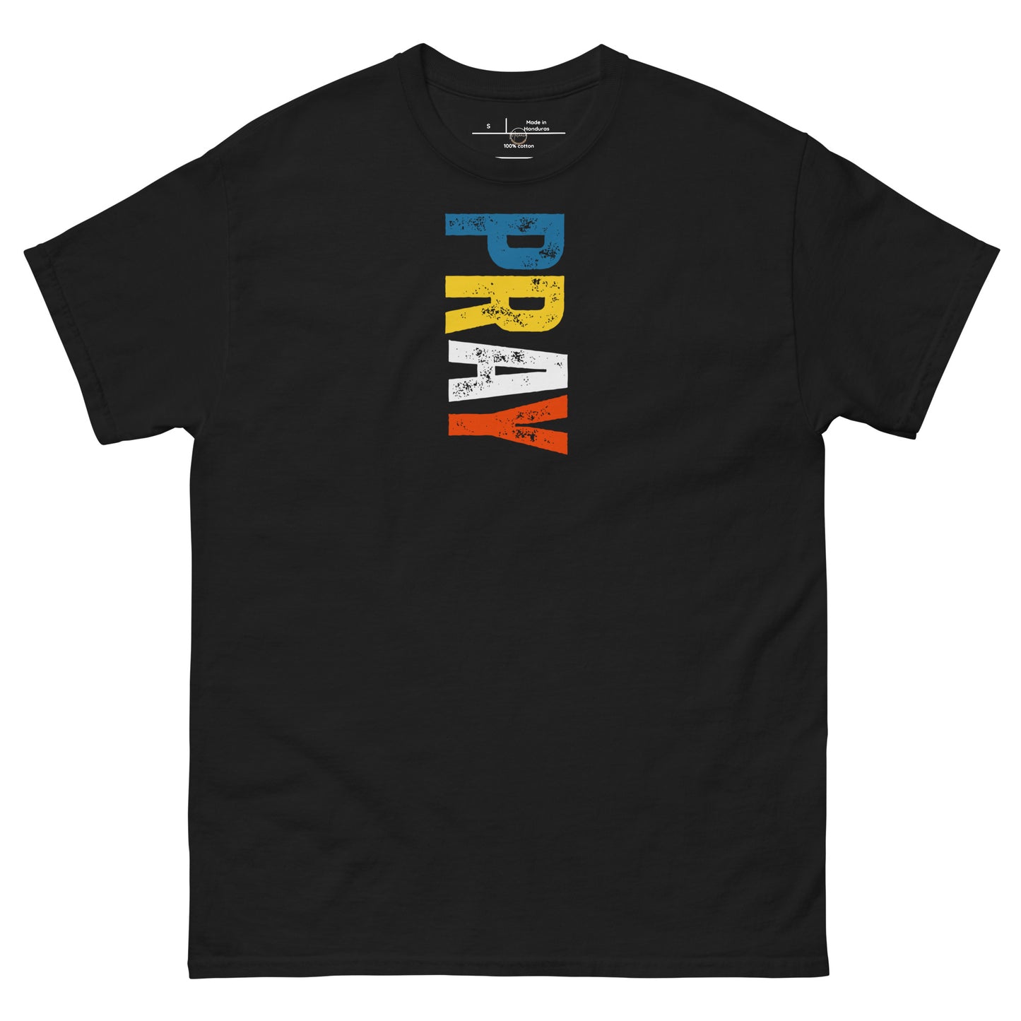 Black unisex t-shirt with “Pray” design