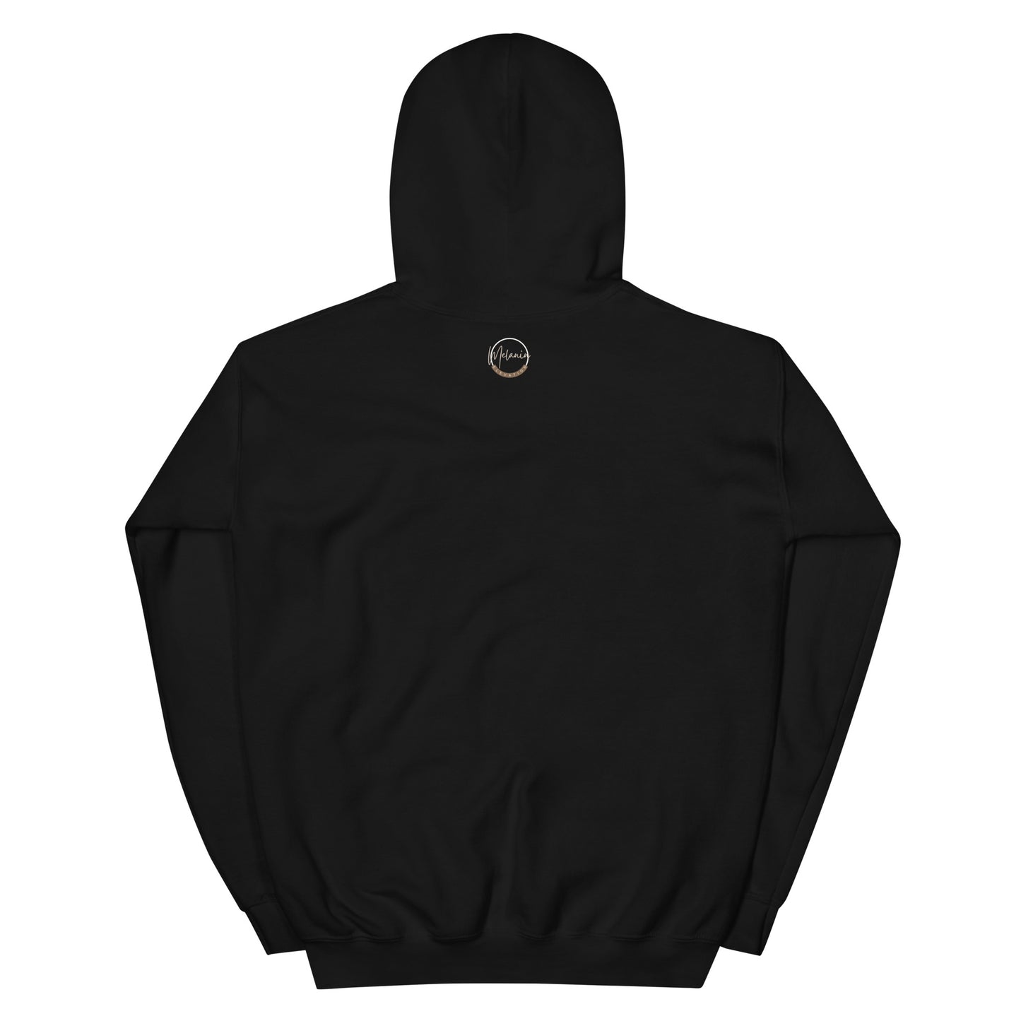 Black unisex back of hoodie with small brand logo printed.