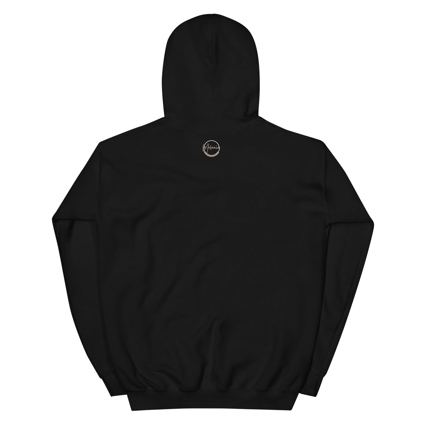 Black unisex back of hoodie with small brand logo printed.
