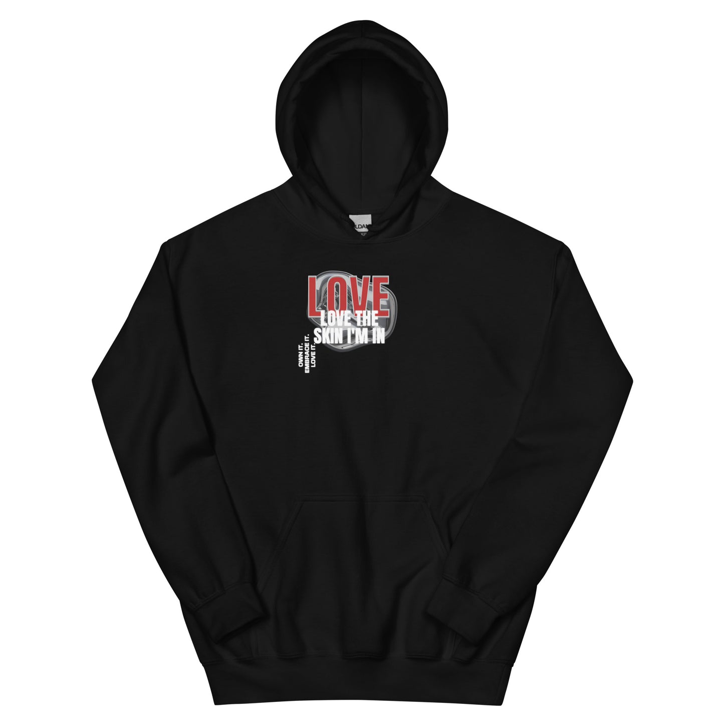 Black unisex hoodie with bold red and white lettering that reads “Love the Skin I’m In.”