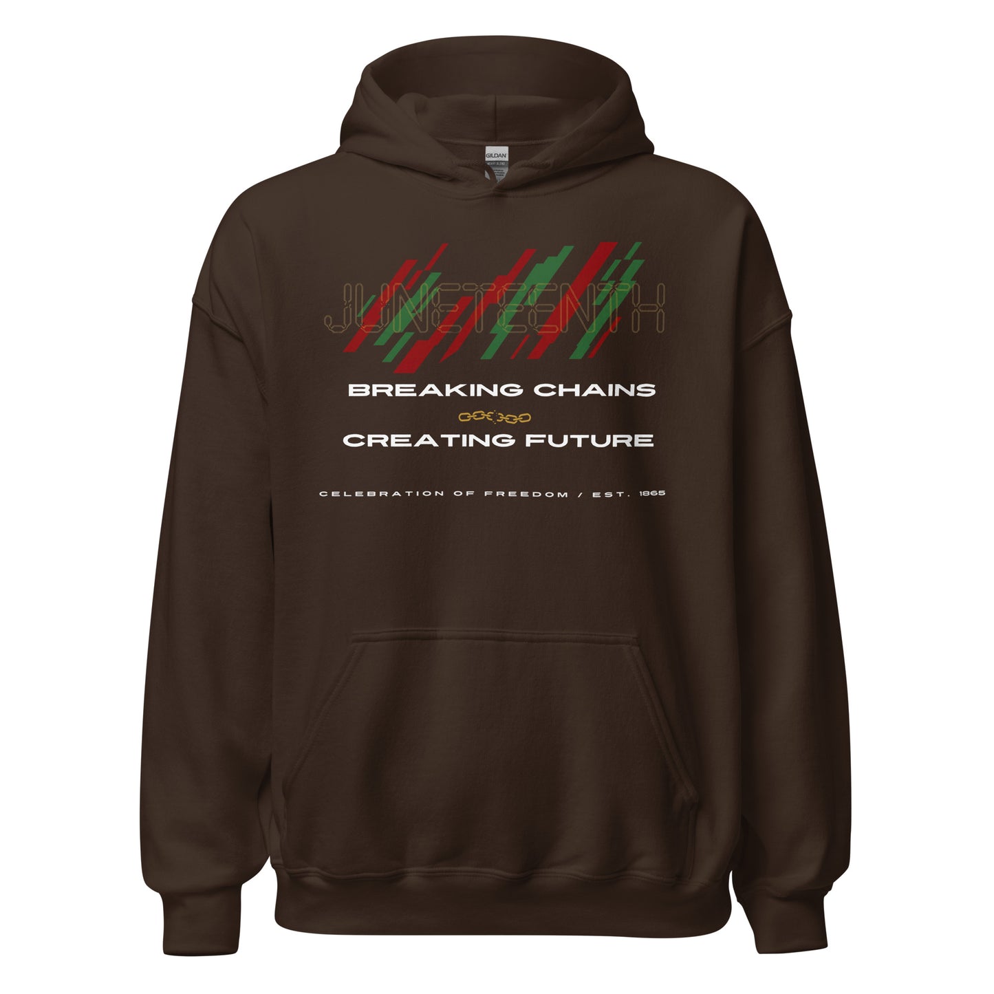 Juneteenth Breaking Chains brown hoodie featuring red black and green freedom-inspired graphics