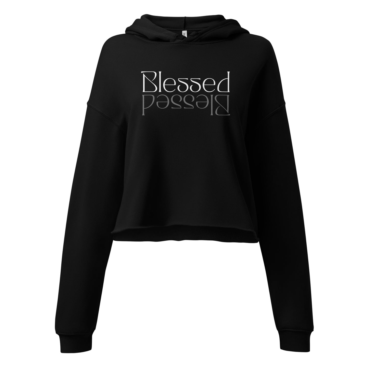 Black “Blessed” cropped hoodie, soft and cozy Christian streetwear, faith-based fashion for women.