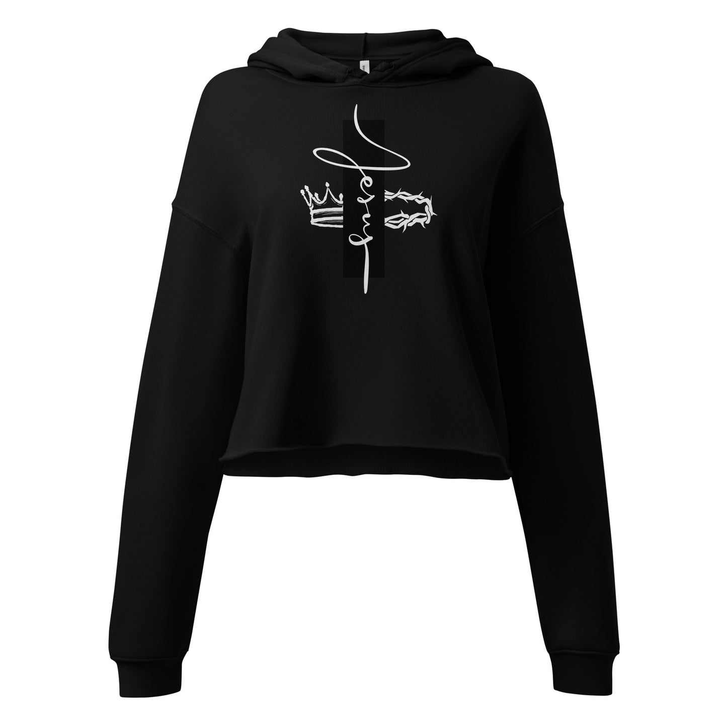 Black “Jesus” cropped hoodie, soft and cozy Christian streetwear, faith-based fashion for women.