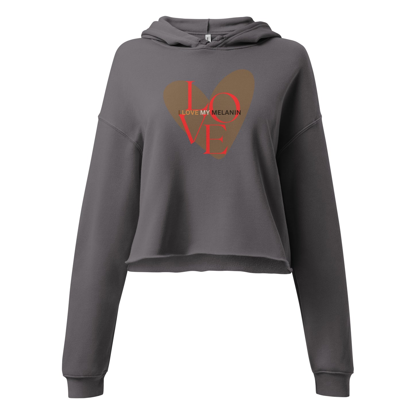 Storm Gray “I Love My Melanin” cropped hoodie, empowering streetwear celebrating Black culture and confidence.