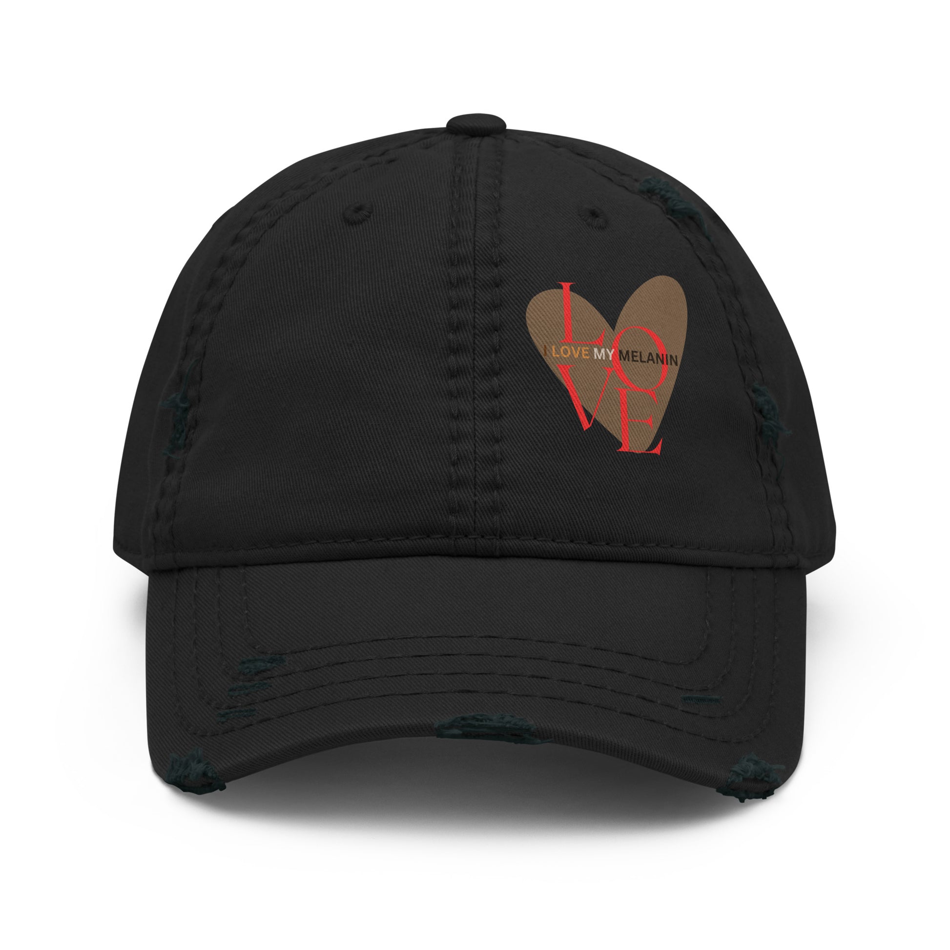 Black I Love My Melanin distressed dad hat with vintage worn finish
