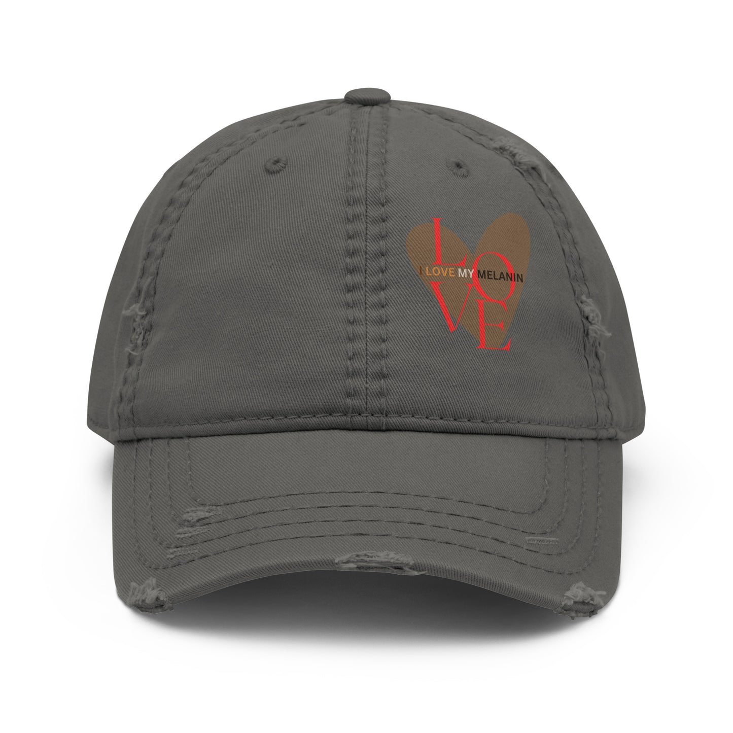 Charcoal grey I Love My Melanin distressed dad hat with vintage worn finish