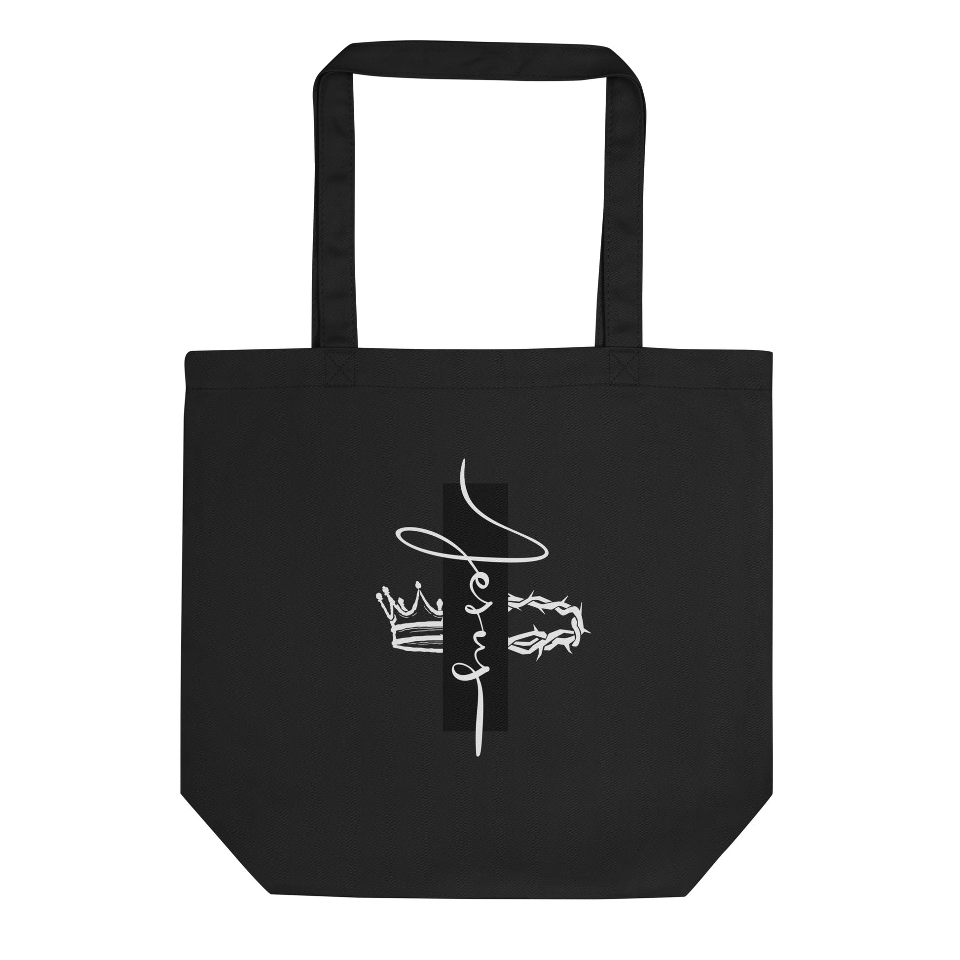 Eco Tote black bag with Jesus print by Melanin Elevation – lightweight, organic cotton, sustainable lifestyle accessory