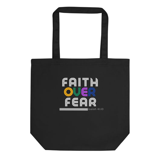 Black Eco Tote bag with Faith Over Fear print by Melanin Elevation – lightweight, organic cotton, sustainable lifestyle accessory
