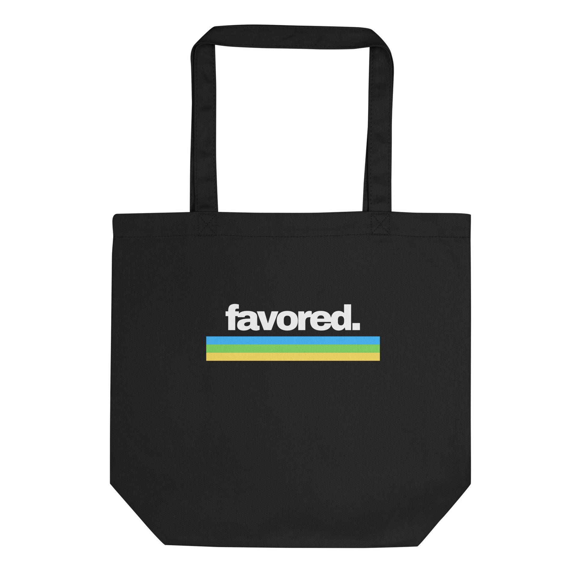Black Eco Tote bag with Favored  print by Melanin Elevation – lightweight, organic cotton, sustainable lifestyle accessory