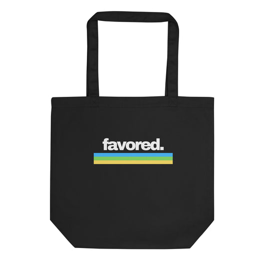 Black Eco Tote bag with Favored  print by Melanin Elevation – lightweight, organic cotton, sustainable lifestyle accessory