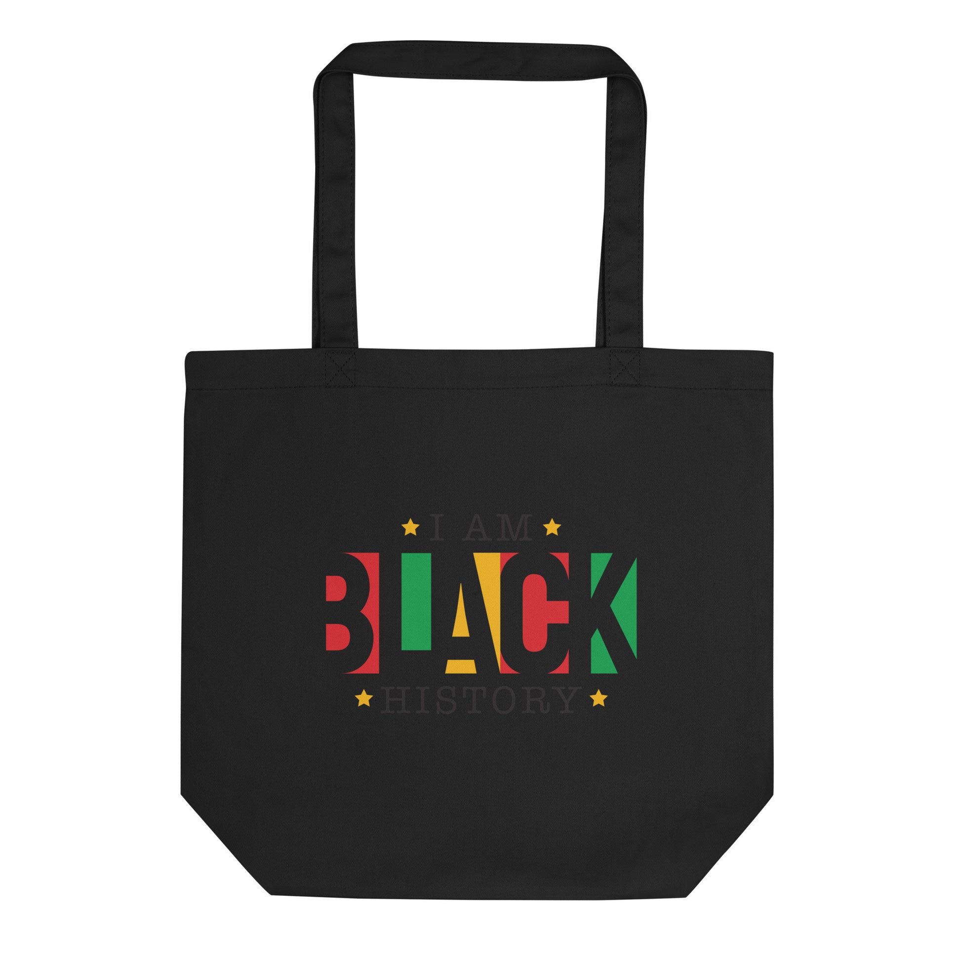 Black Eco Tote bag with “I Am Black History” print by Melanin Elevation – organic cotton, lightweight, and culturally empowering design.