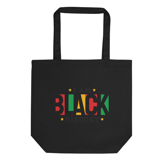 Black Eco Tote bag with “I Am Black History” print by Melanin Elevation – organic cotton, lightweight, and culturally empowering design.