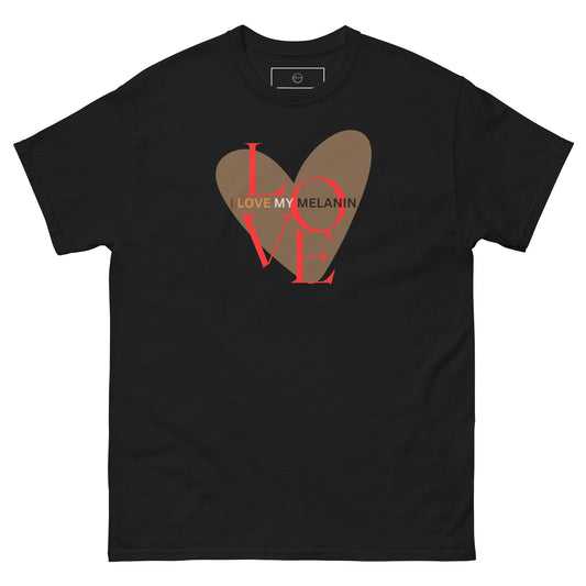 Black unisex t-shirt with a bold brown heart and red lettering that reads “I Love My Melanin.”