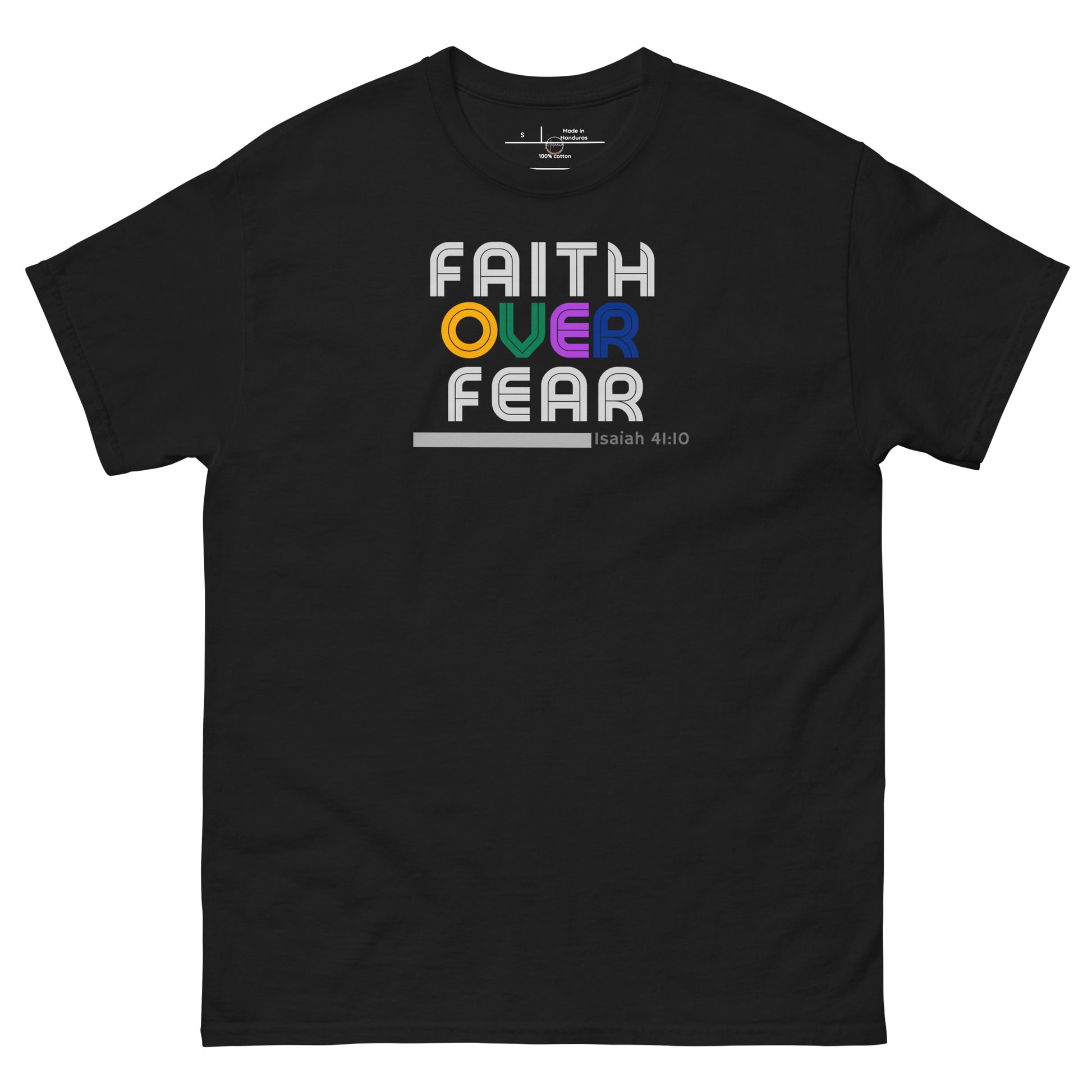 Black unisex t-shirt with “Faith Over Fear” design
