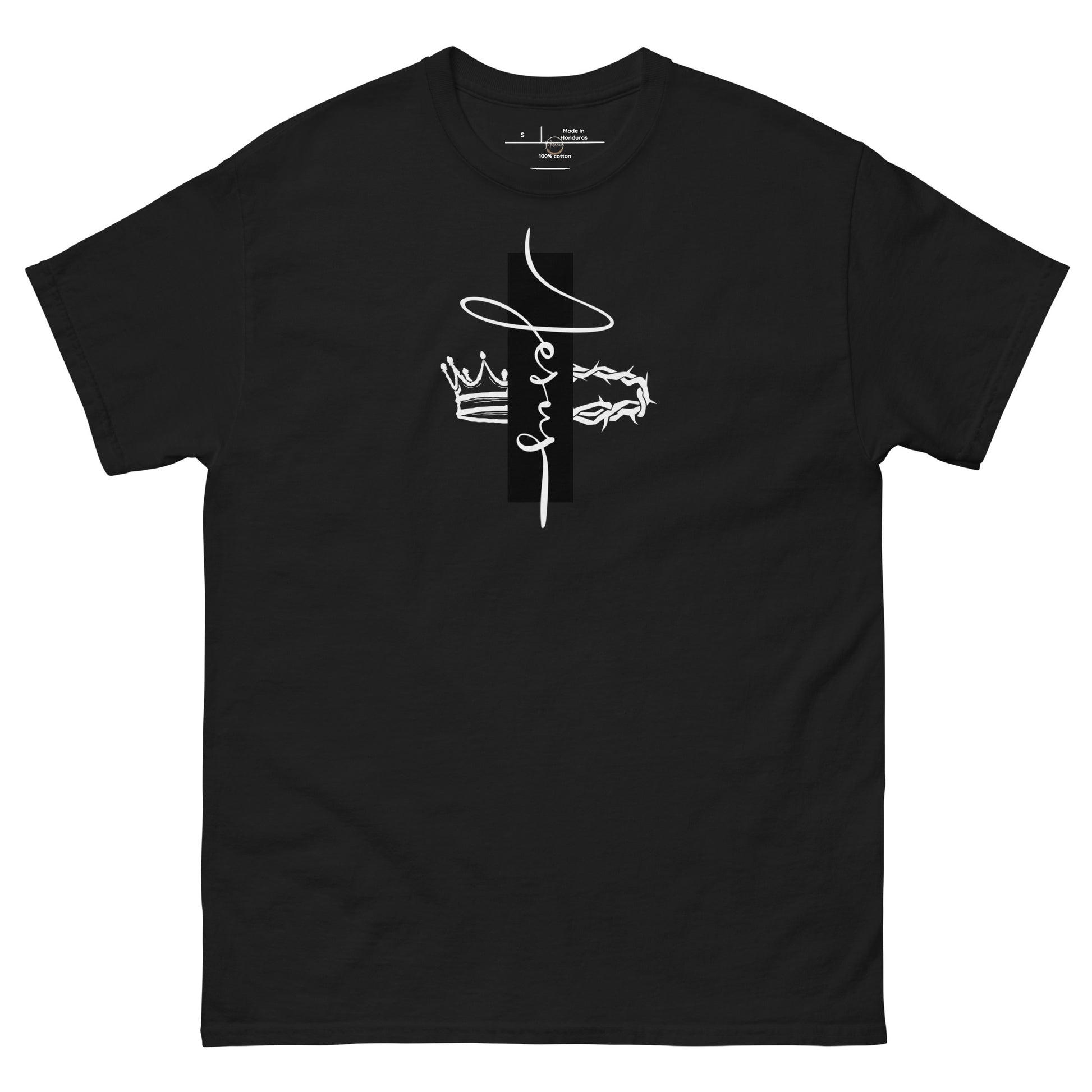 Black unisex t-shirt with “Jesus” design