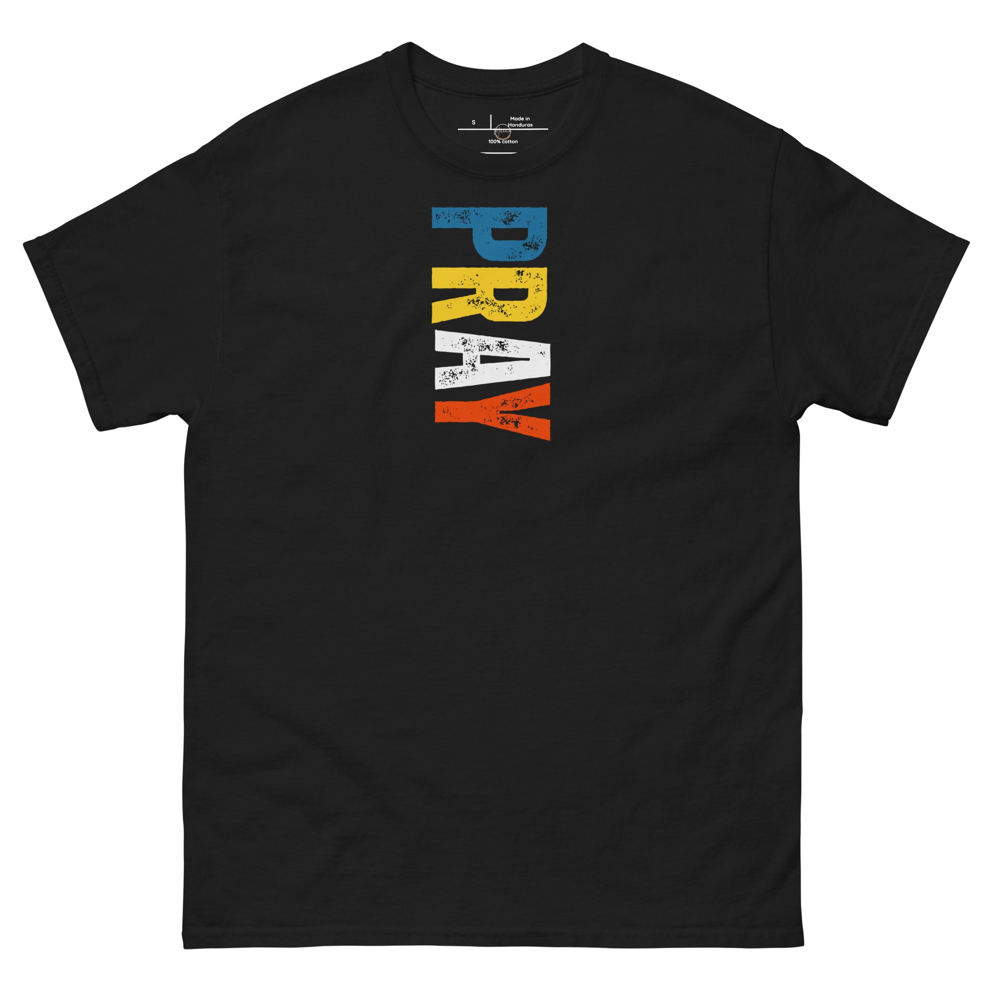 Black unisex t-shirt with “Pray” design