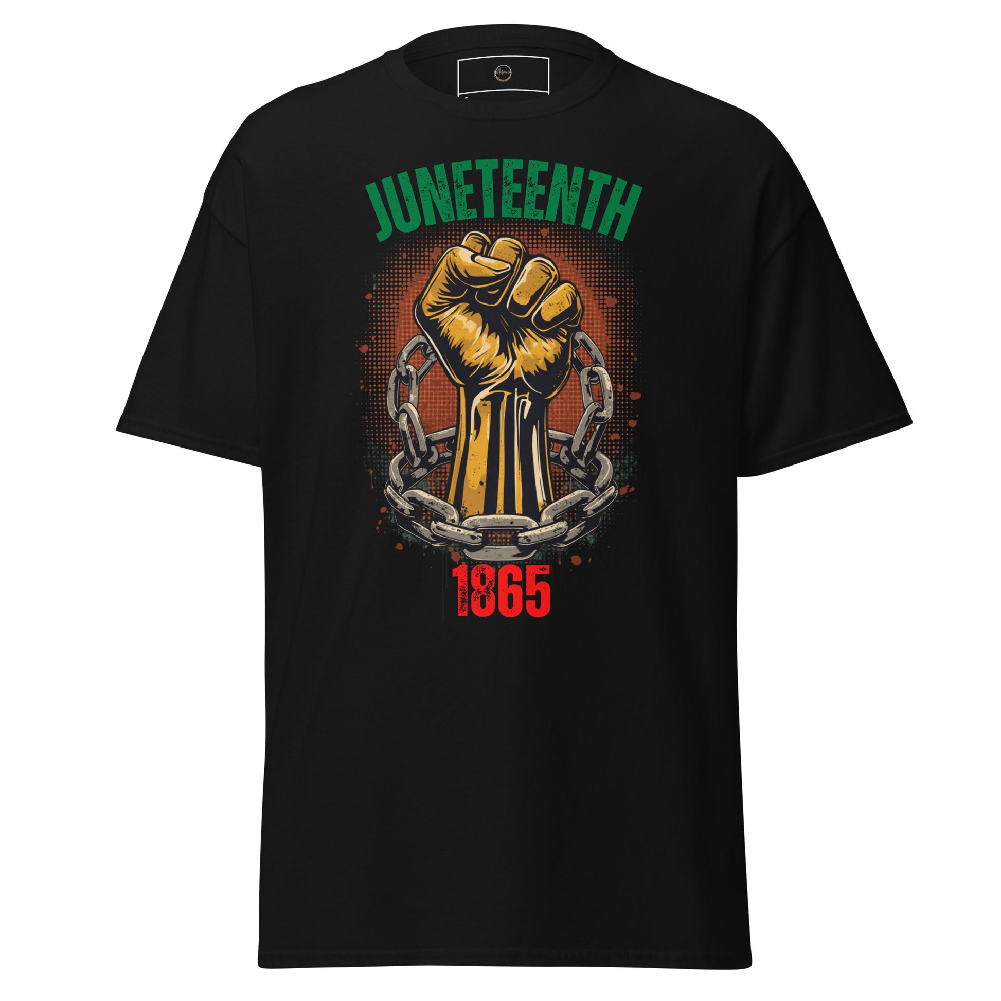 Juneteenth 1865 black t-shirt featuring raised fist breaking chains and 1865 freedom graphic
