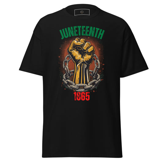 Juneteenth 1865 black t-shirt featuring raised fist breaking chains and 1865 freedom graphic