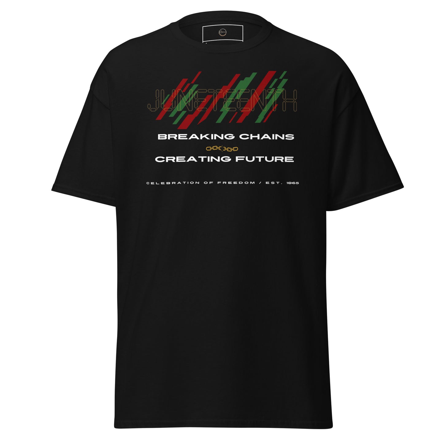 Juneteenth Breaking Chains black t-shirt with abstract chain artwork and cultural pride design