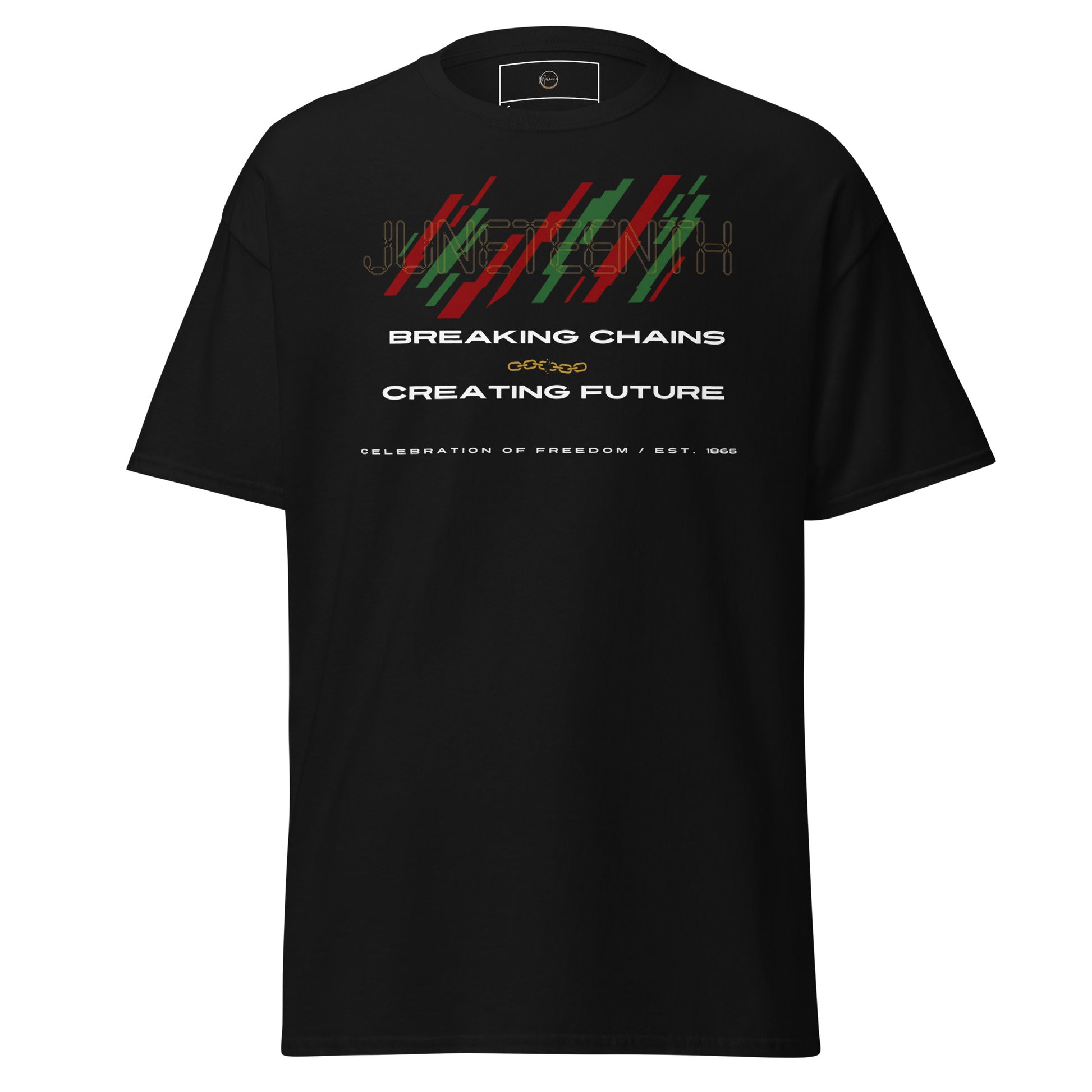 Juneteenth Breaking Chains black t-shirt with abstract chain artwork and cultural pride design