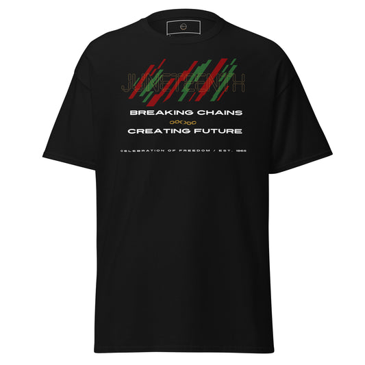 Juneteenth Breaking Chains black t-shirt with abstract chain artwork and cultural pride design