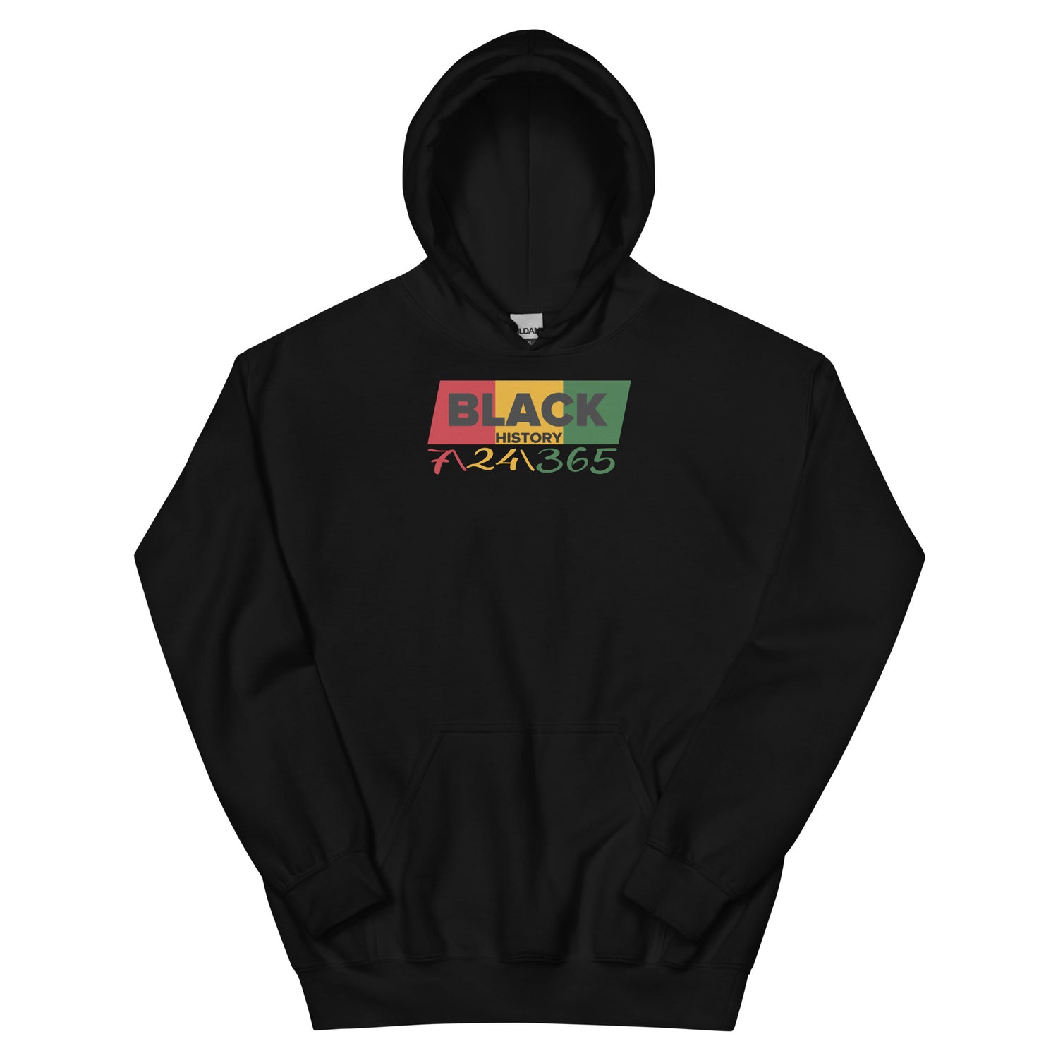 Black unisex hoodie with bold red, yellow, and green “Black History 365” design.