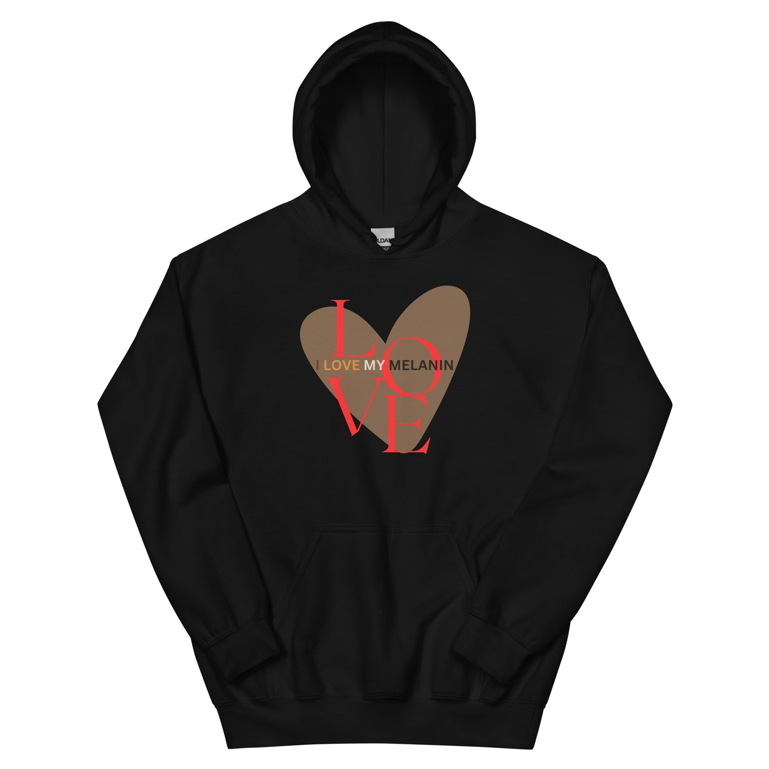 Black unisex hoodie with brown heart and bold red lettering that reads “I Love My Melanin.”
