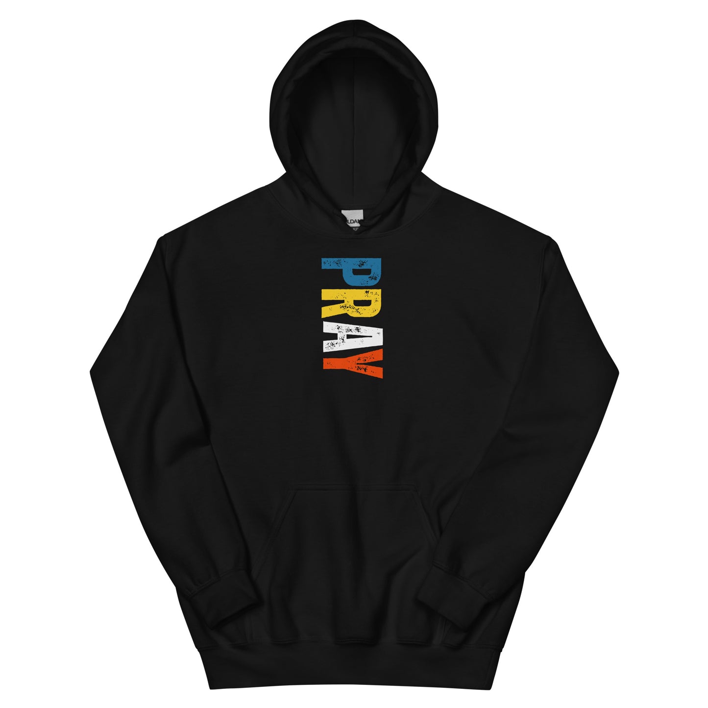Black unisex hoodie with bold “Pray” lettering on the front