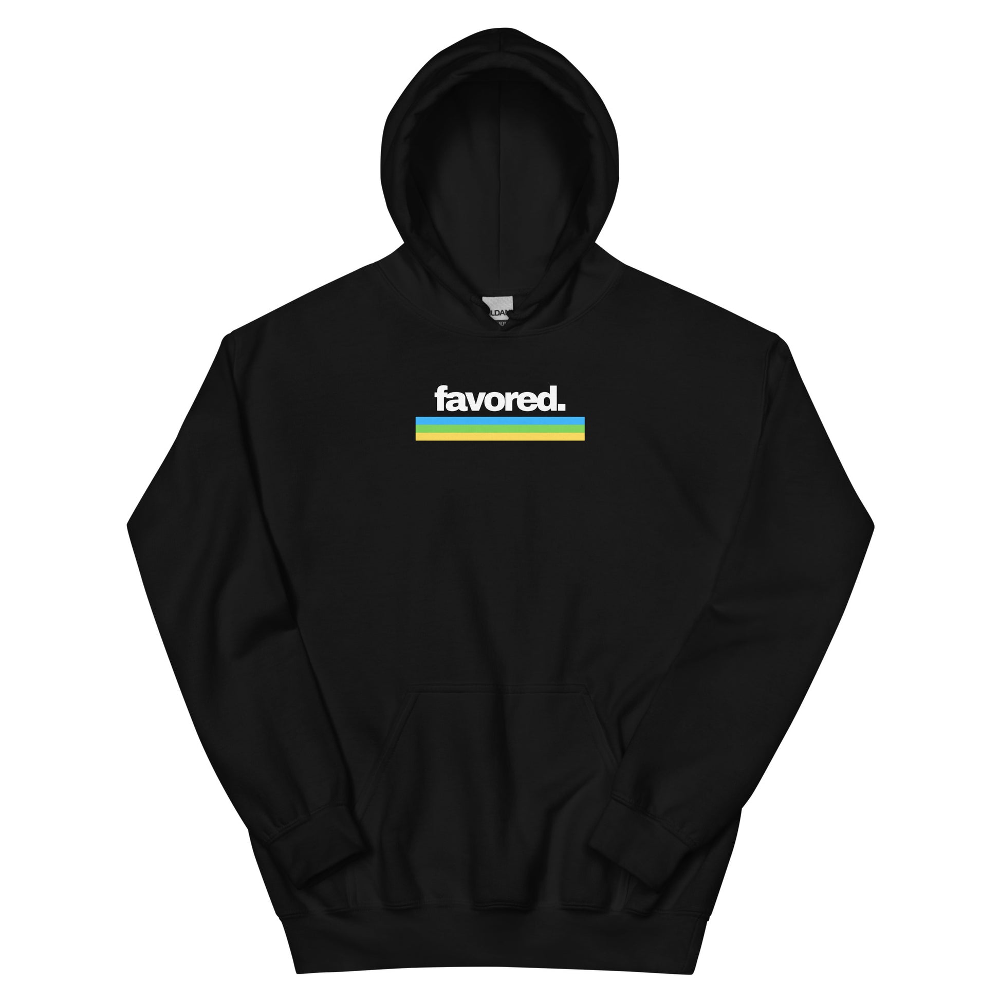 Black unisex hoodie with bold “Favored” lettering on the front