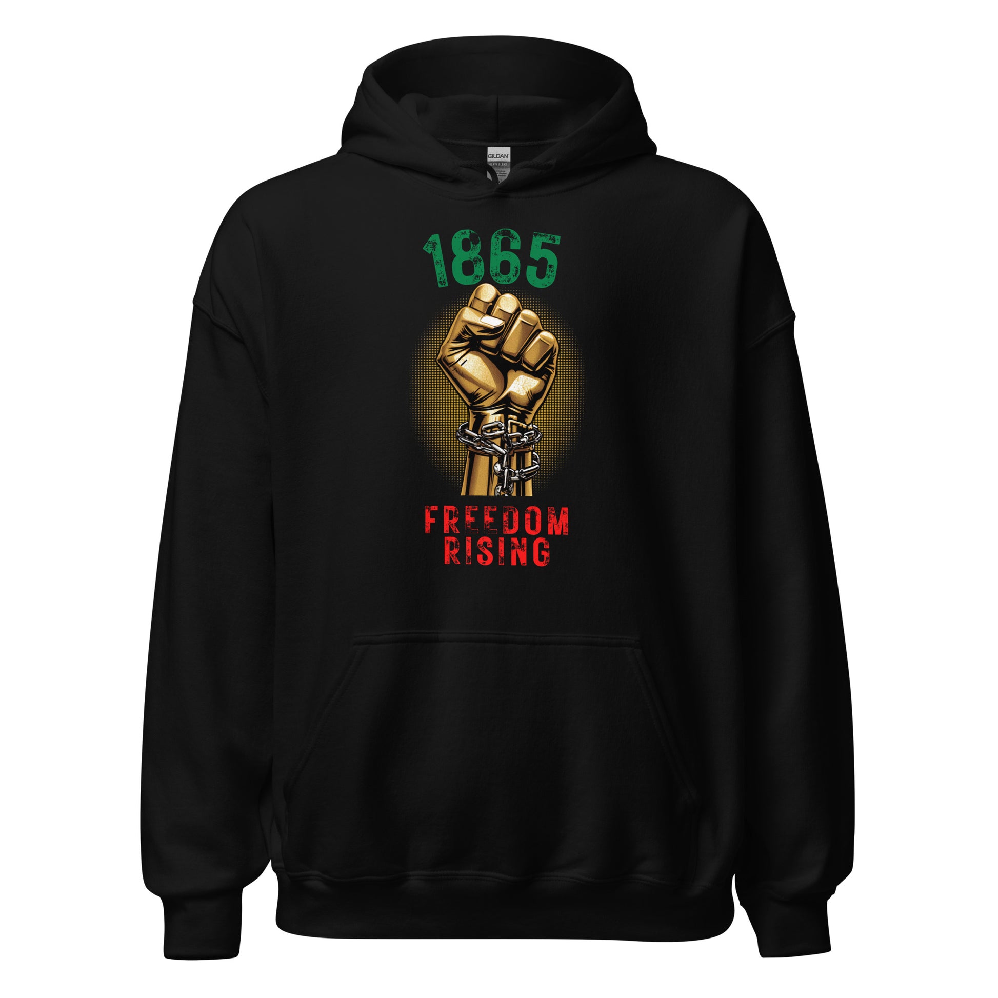 1865 Freedom Rising black hoodie featuring large 1865 design and freedom-inspired artwork