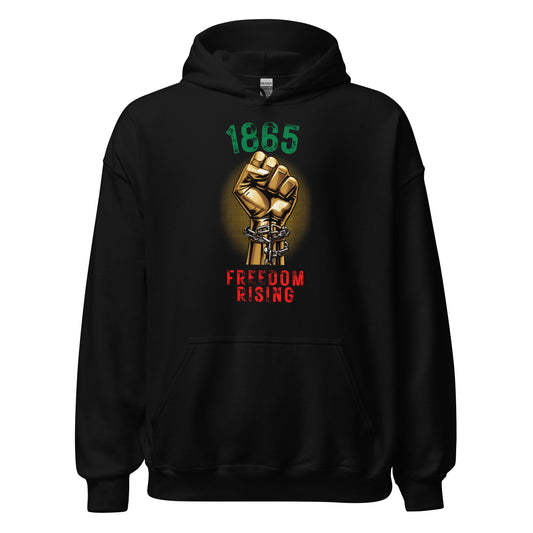 1865 Freedom Rising black hoodie featuring large 1865 design and freedom-inspired artwork
