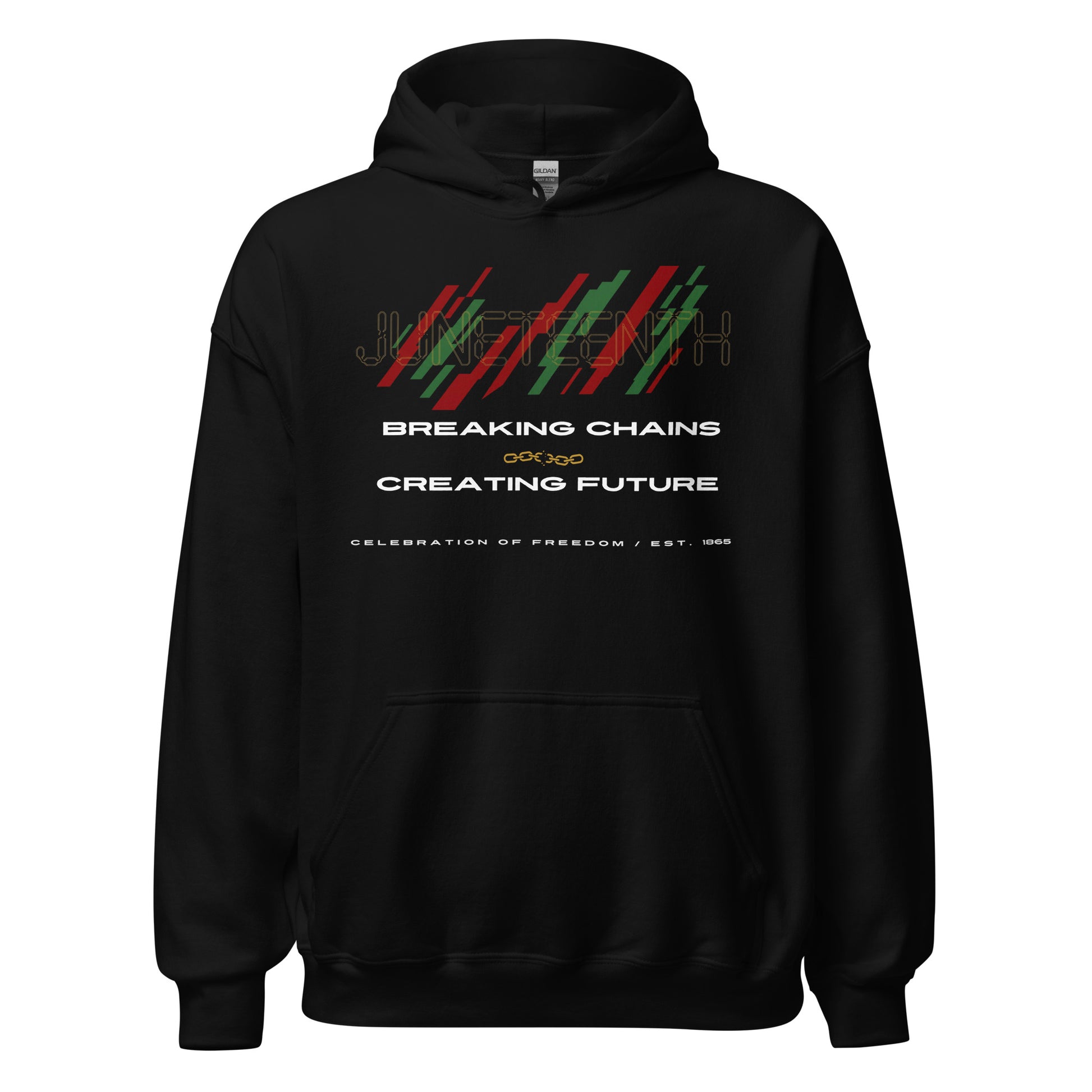 Juneteenth Breaking Chains black hoodie featuring red black and green freedom-inspired graphics