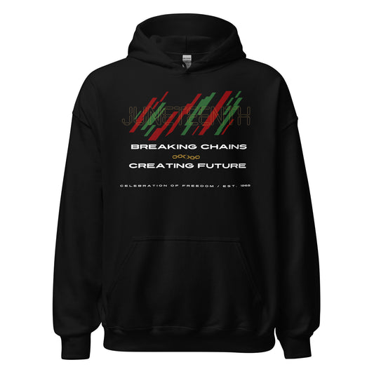 Juneteenth Breaking Chains black hoodie featuring red black and green freedom-inspired graphics