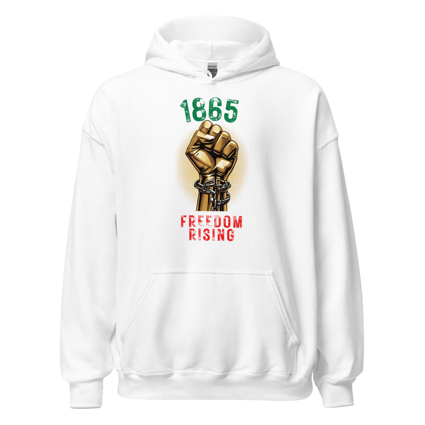 1865 Freedom Rising white hoodie featuring large 1865 design and freedom-inspired artwork
