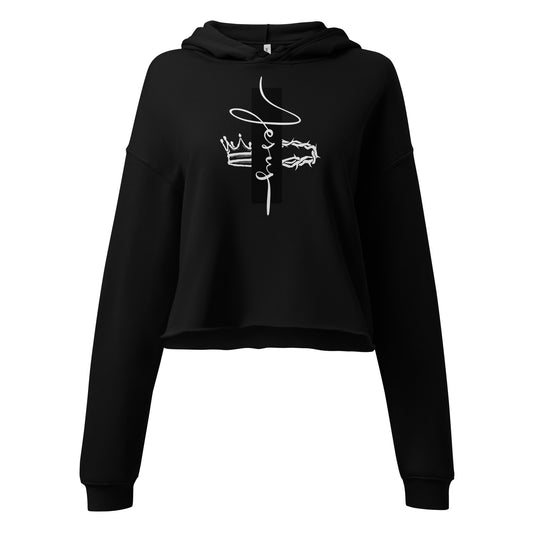Black “Jesus” cropped hoodie, soft and cozy Christian streetwear, faith-based fashion for women.