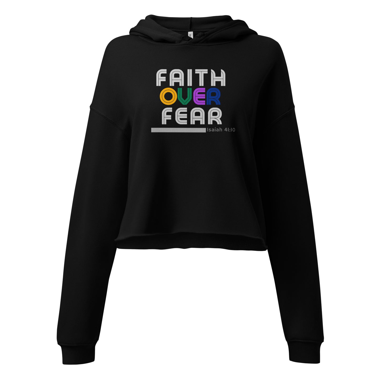 Black “Faith Over Fear” cropped hoodie, soft and cozy Christian streetwear, faith-based fashion for women.