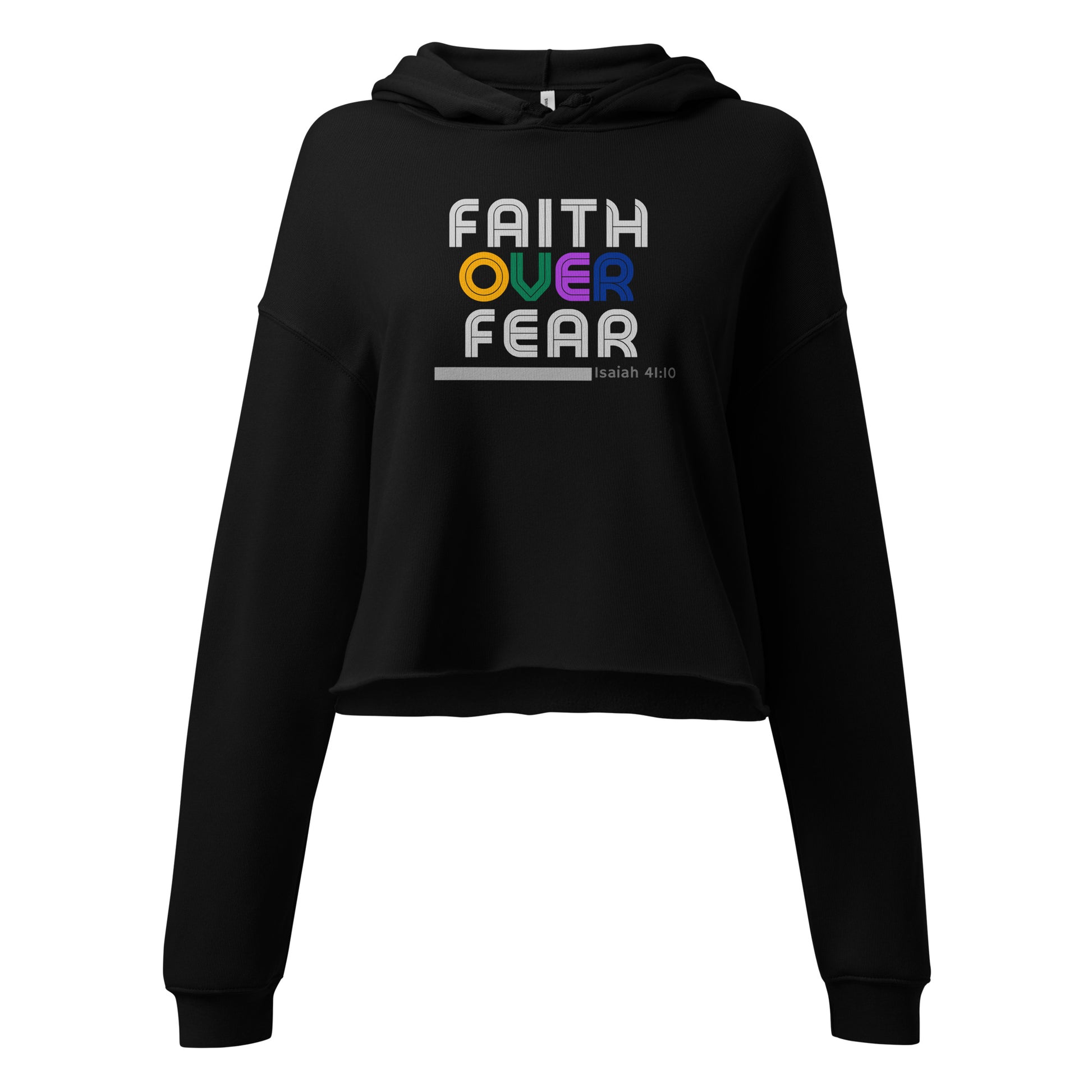 Black “Faith Over Fear” cropped hoodie, soft and cozy Christian streetwear, faith-based fashion for women.