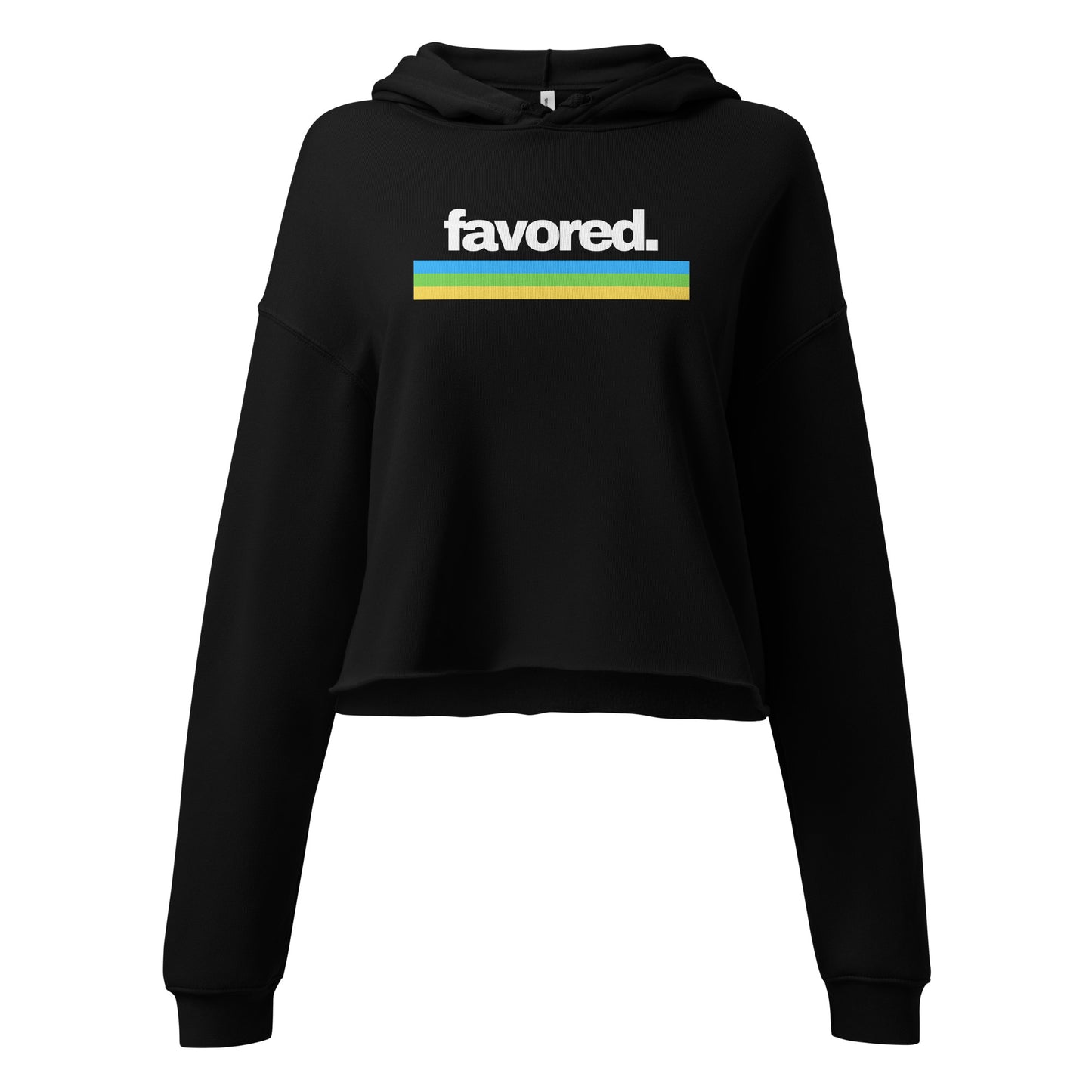Black “Favored” cropped hoodie, soft and cozy Christian streetwear, faith-based fashion for women.