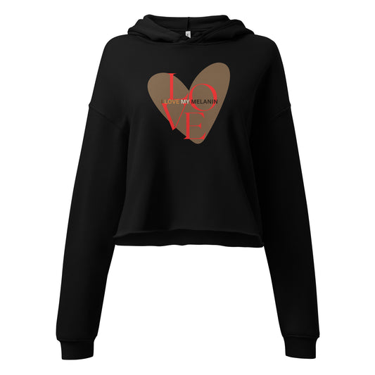 Black “I Love My Melanin” cropped hoodie, empowering streetwear celebrating Black culture and confidence.