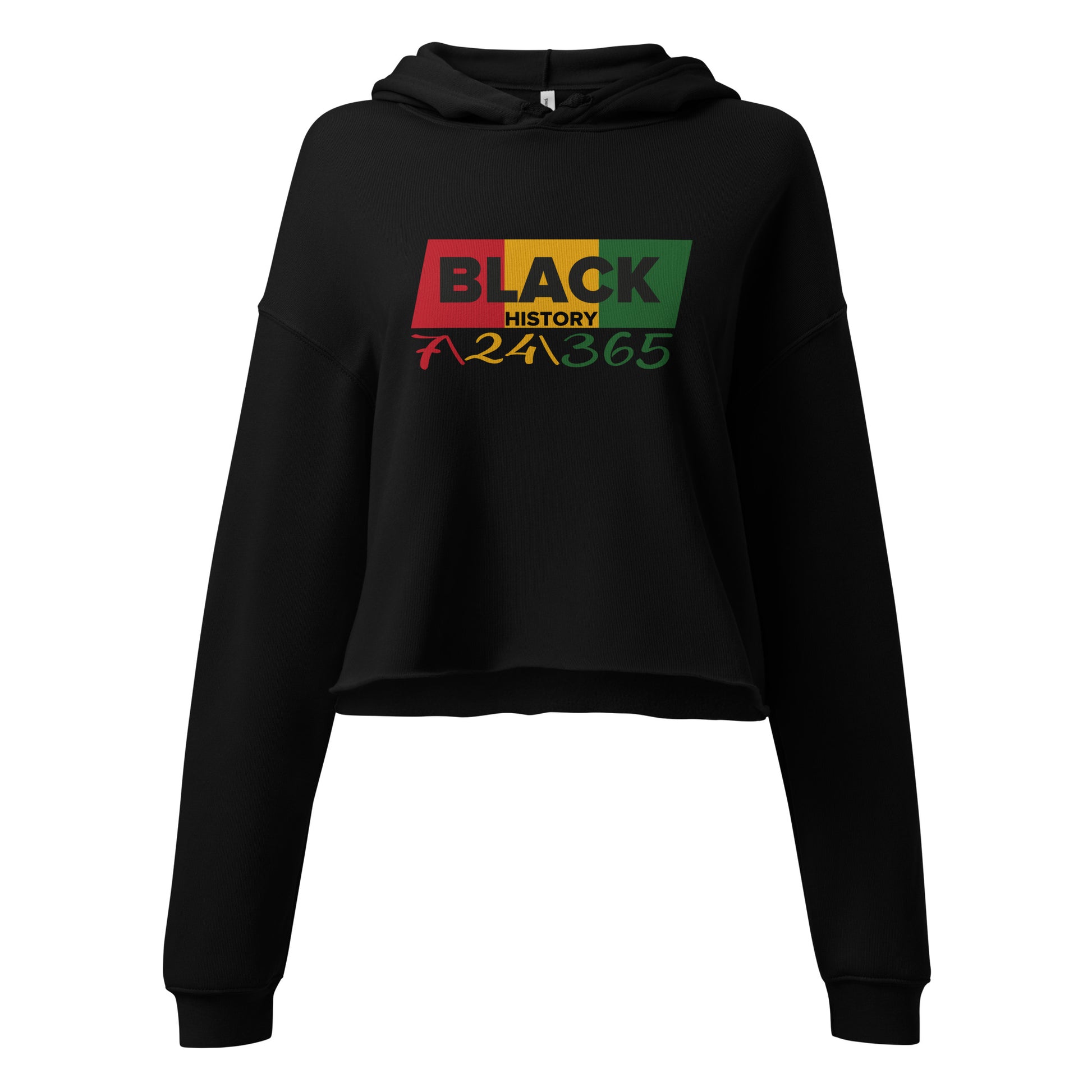 Black “Black History 365” cropped hoodie celebrating Black pride and heritage in modern streetwear style.