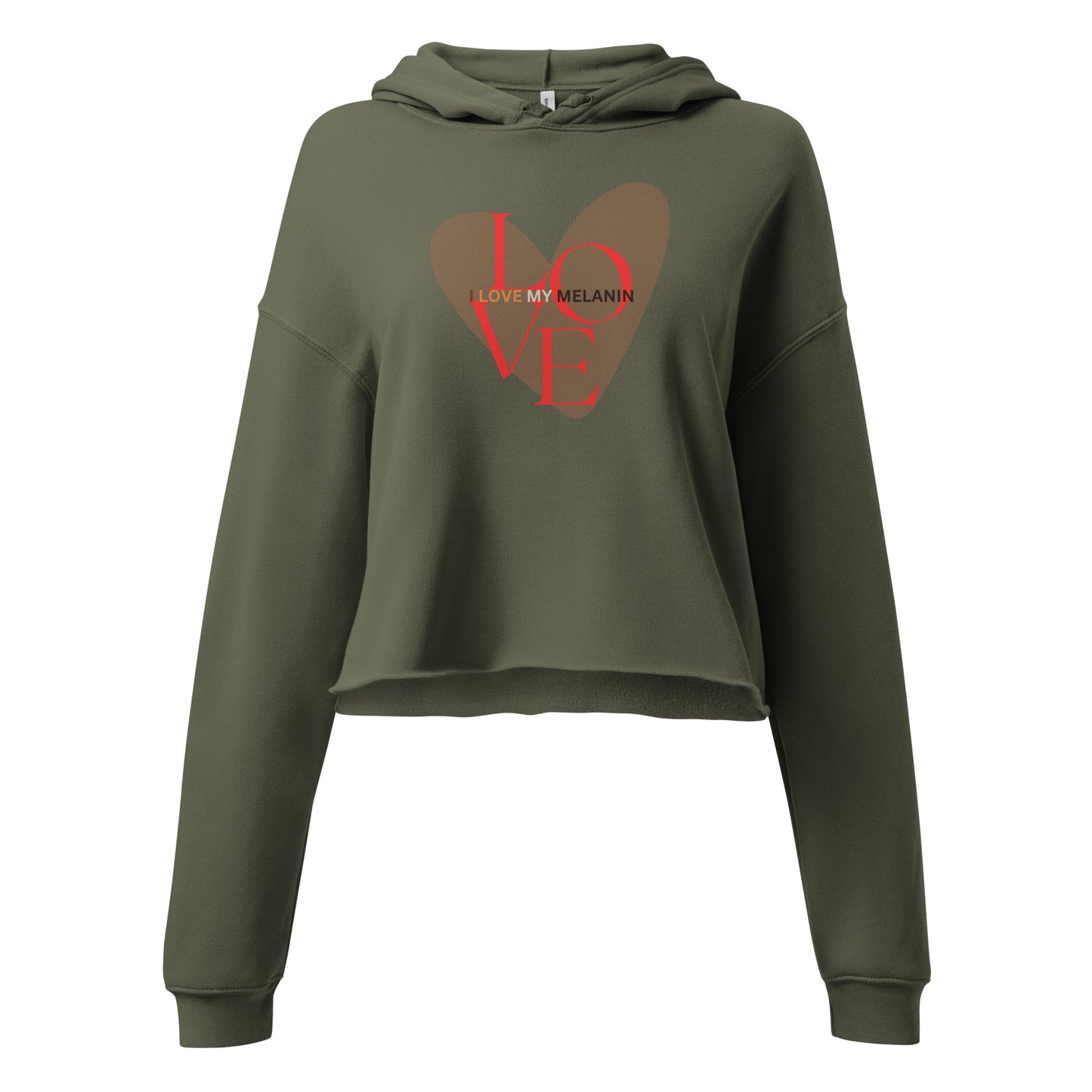 Military Green “I Love My Melanin” cropped hoodie, empowering streetwear celebrating Black culture and confidence.