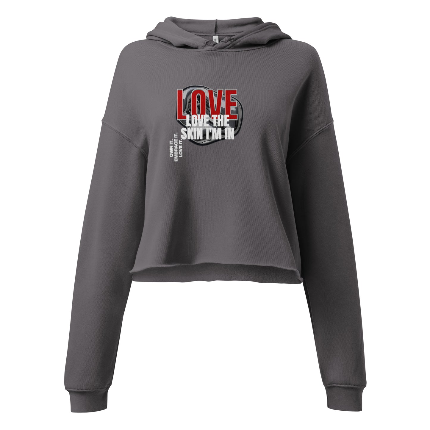Storm Gray “Love the Skin I’m In” cropped hoodie, empowering self-love streetwear celebrating confidence and individuality.